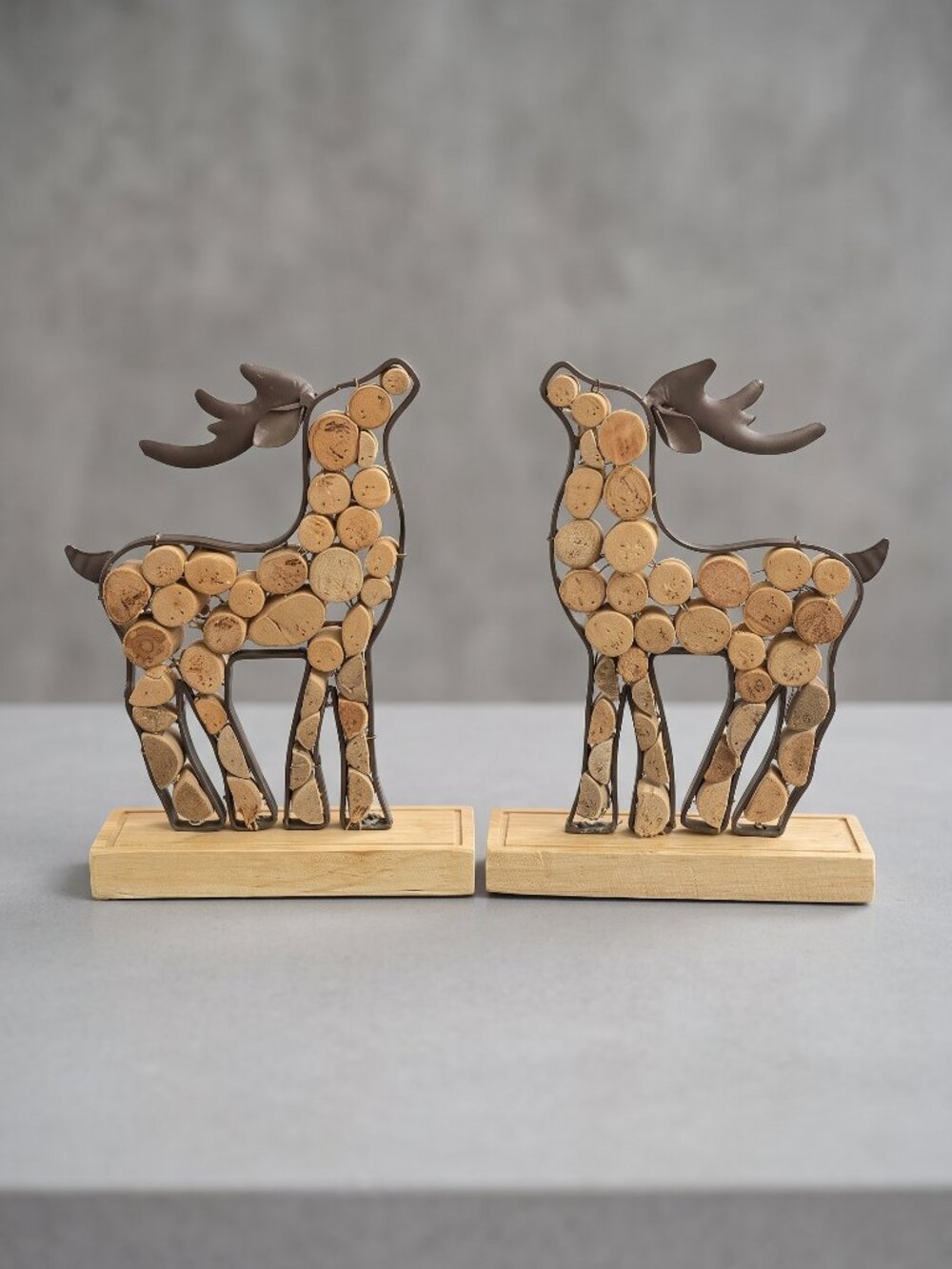 Pink Zebra Cork Wood Metal Deer Figurines Primitive Rustic Decor Set of 2